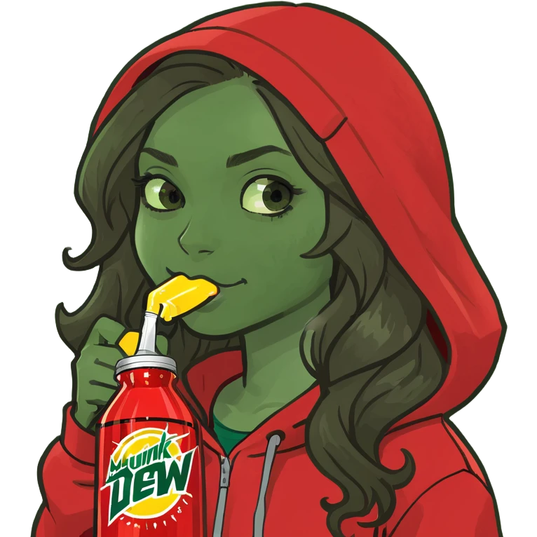 A girl with long brown wavy hair light brown skin wearing red hoodie and drinking Mountain Dew  emoji