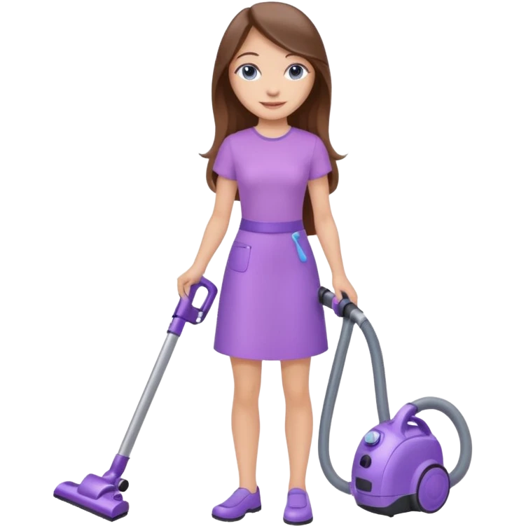 beautiful girl with long brown hair, blue eyes and wearing light purple clothes, cleaning and vacuuming emoji