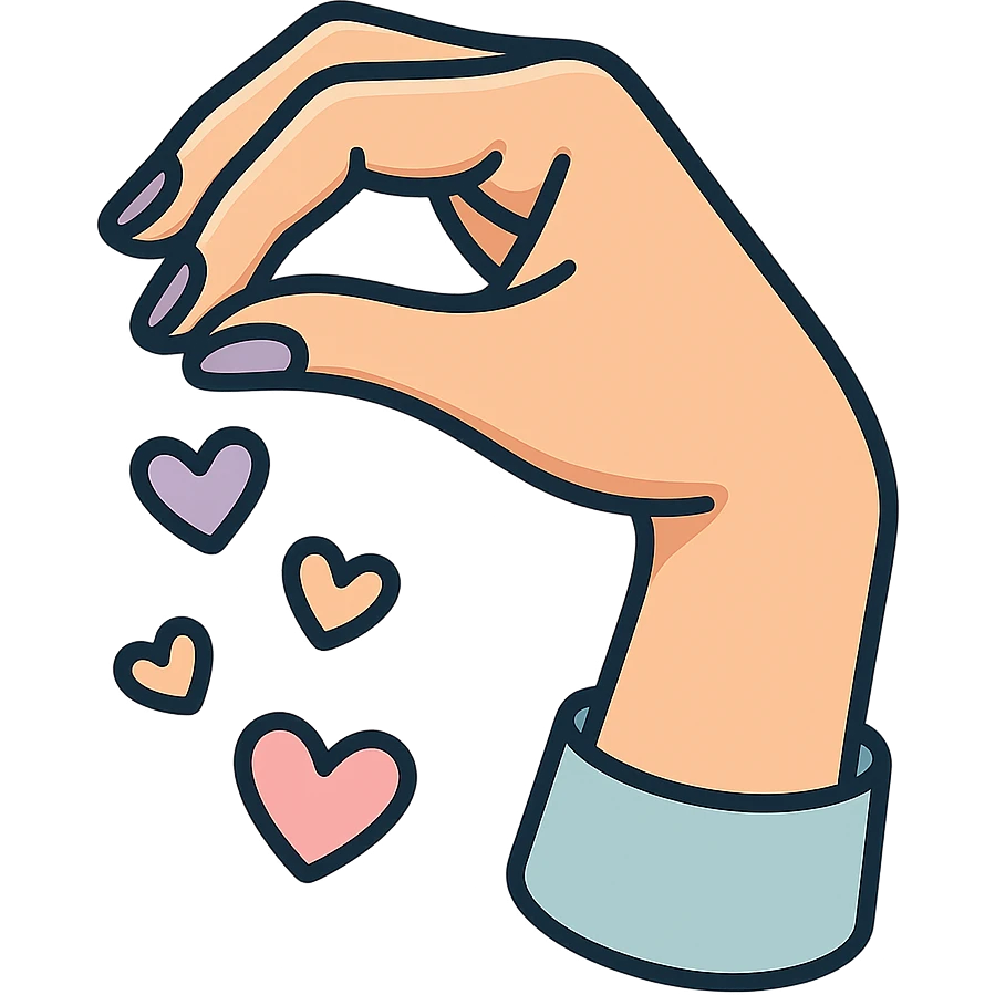 female hand sprinkling hearts like seasoning, icon-color-outlined style, detailed hand anatomy, detailed shadows and highlights, thin clean contours, soft rounded shapes, pastel palette #98B5BC, #B5B3C1, #C9A3C9, #E4C0CA, #F7DCD1, #F7C0AA, modern Japanese pop art and sticker aesthetic, soft lighting, transparent background emoji