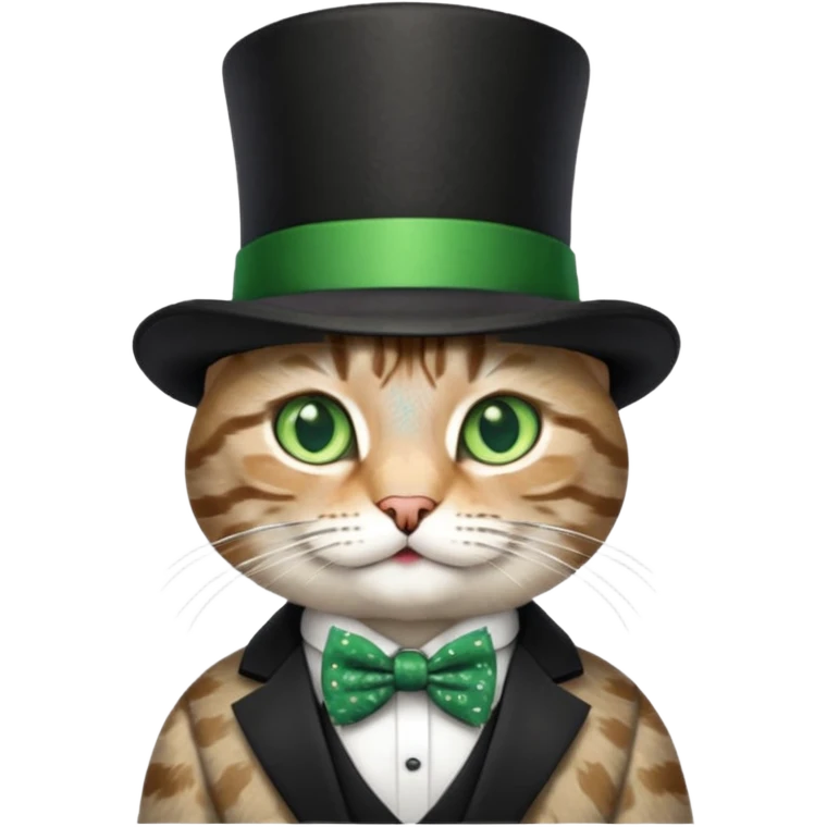 Grey tabby cat in top hat and bow tie emoji