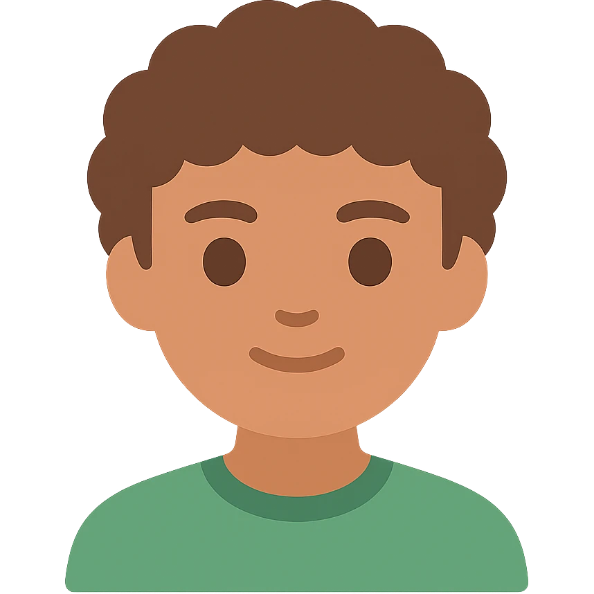good looking young adult boy with brown curly hair and brown eyes, color icon emoji