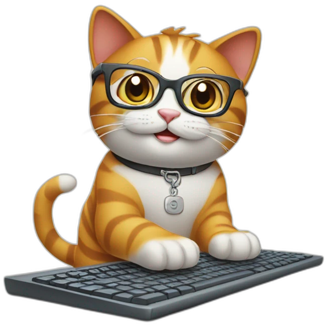 smart happy cat with glasses writing on computer keyboard emoji