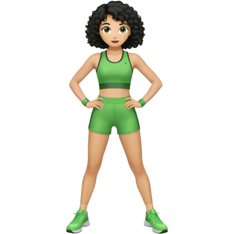 woman with olive skin and curly black hair wearing a green workout outfit (shorts) and standing in a disco pose emoji