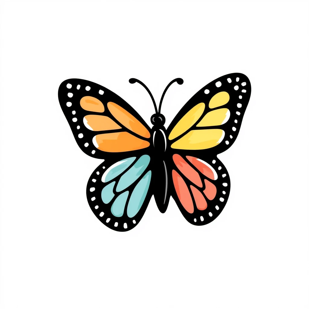 colorful butterfly, crayon style, playful and simple, isolated on white background, centered emoji