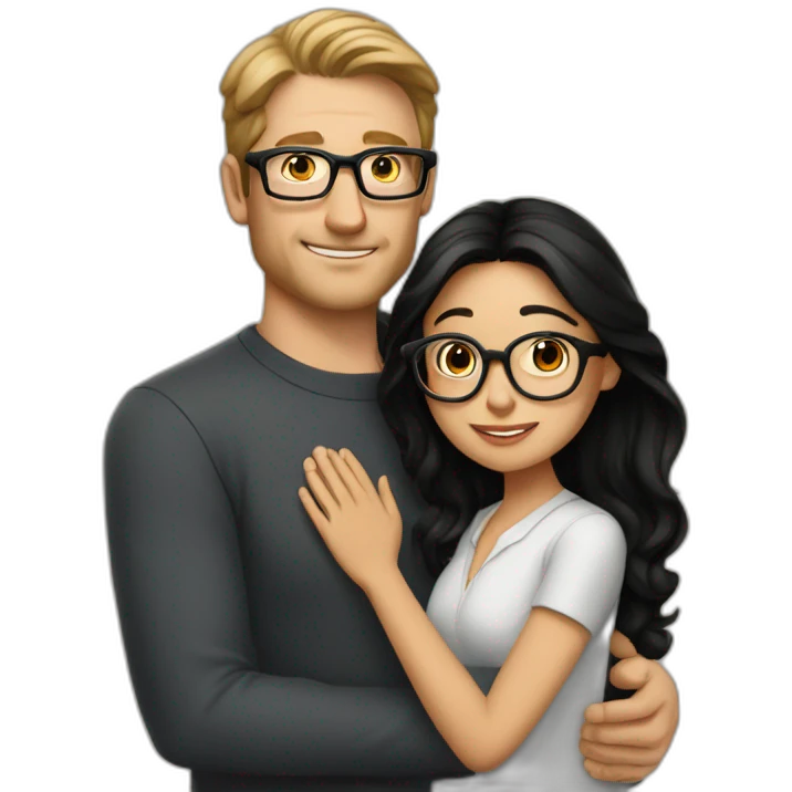 Tall white man no glasses brown hair hugging small latina long black hair square glasses emoji