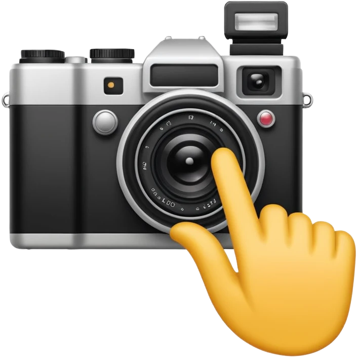 Minimalist emoji-style sticker of a photo camera ejecting a photo, but a hand comes out instead. Black and white, surreal icon. emoji