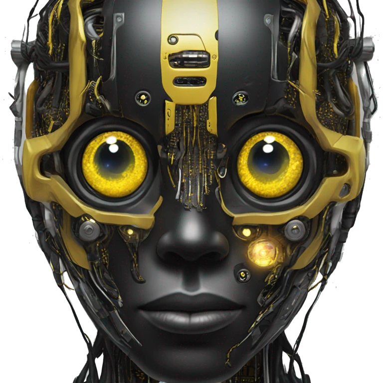 black and yellow cyborg head with circuitry and artificial eyeball emoji