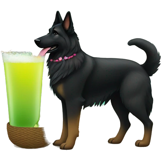Black long haired german shepherd on the beach under a tiki hut with a margarita  emoji