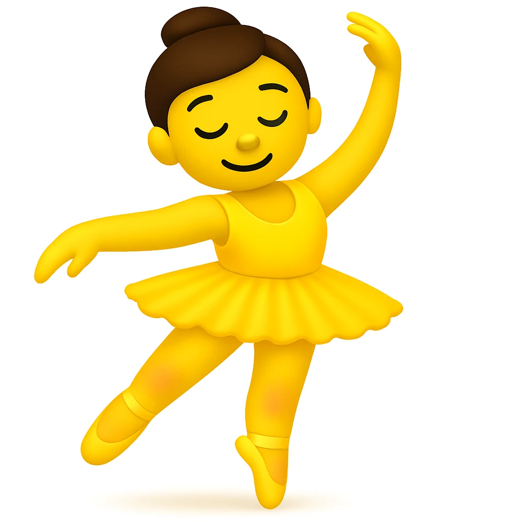Keep the image just like the reference but make the skin color classic yellow emoji skin in iOS emoji style. Same pose, yellow tutu, elegant, smooth, and shiny. Add a slight blush to the knees. The style should resemble classic yellow iOS emoji skin tone and texture. emoji