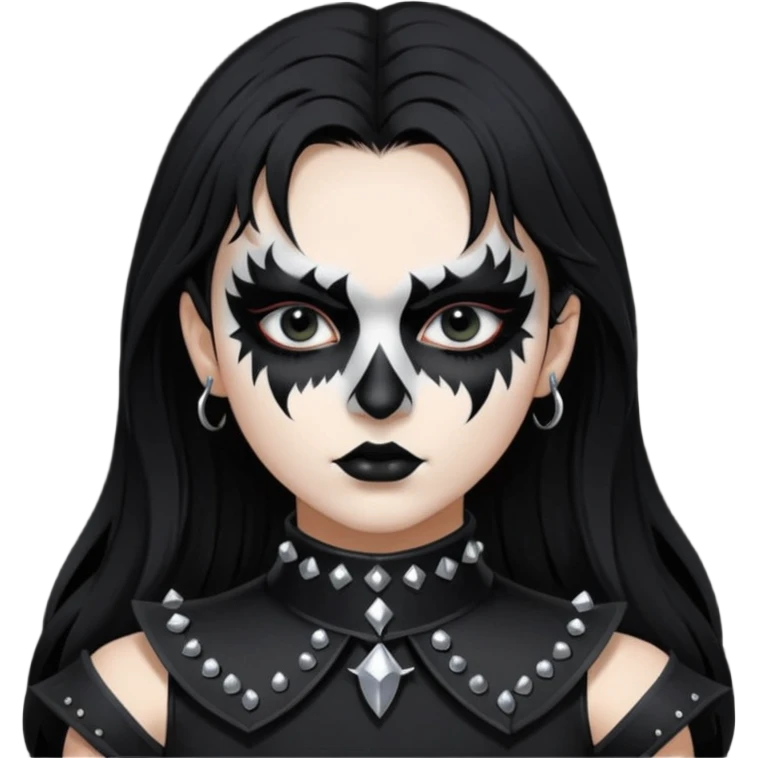 Crea una ragazza con stile black metal,  paint face black metal, capelli neri mossi dalle spalle e occhi bianchi e un collare con borchie a punta emoji