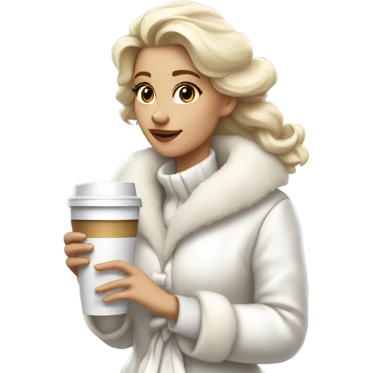 blonde girl wearing white fluffy jacket and a coffee to go in hand all dress white and a white bow on hair emoji