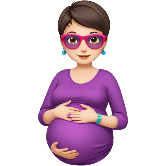 pregnant stylish woman with short pixie brunette hair happily touching her big belly while wearing fashionable clothes and colorful shades emoji