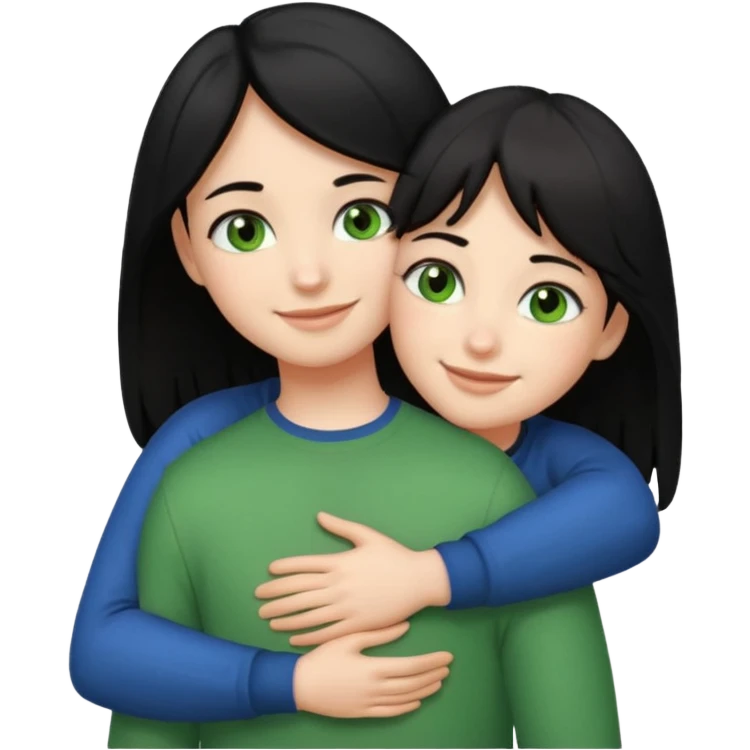 a girl with black hair and green eyes hugging a boy with brown hair and brown eyes, both smiling, emoji style emoji