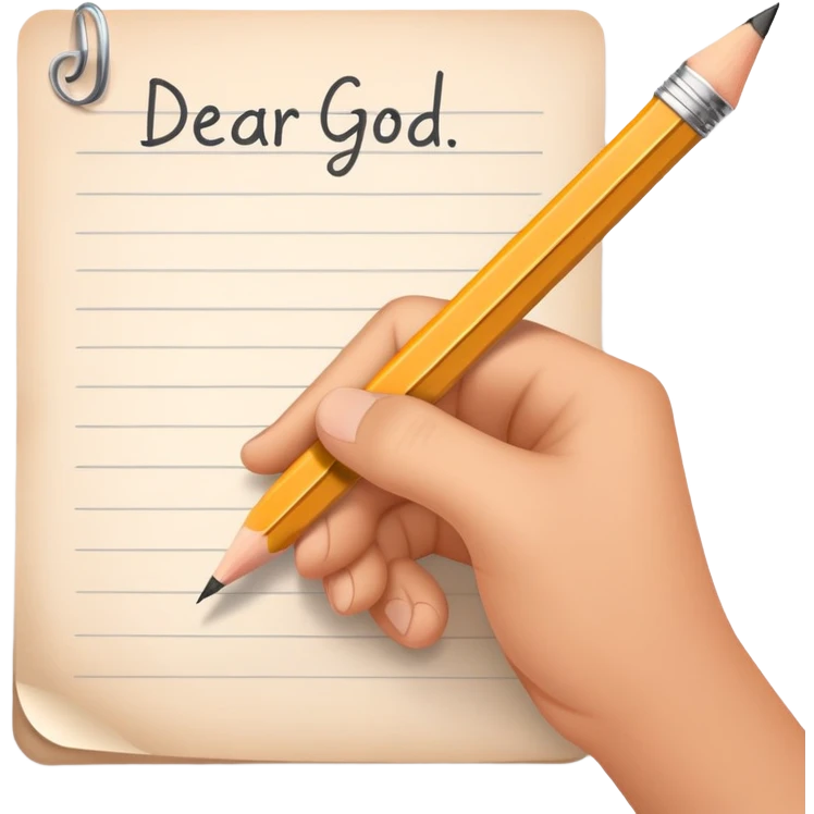 Hand holding pencil writing "Dear God" on essay paper emoji