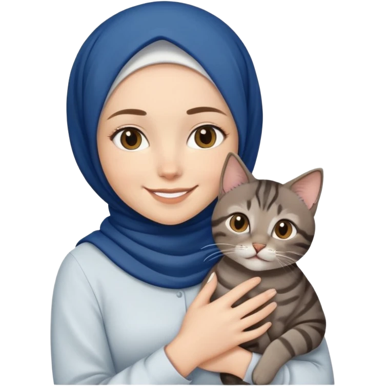 White girl wearing dark blue hijab with white shirt smiling while holding a black grey brown tabby cat emoji