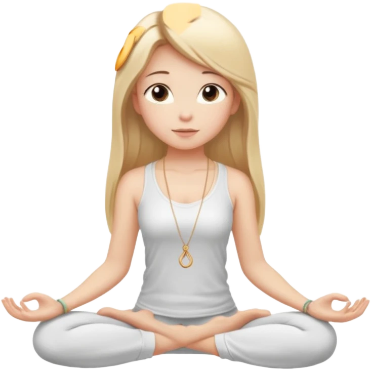 "Cartoon emoji of a girl with long, straight blonde hair, fair skin, soft brown eyes. Wearing a white top with a delicate necklace, serene expression, calm and peaceful. Smooth, simple, stylized." she is doing yoga emoji