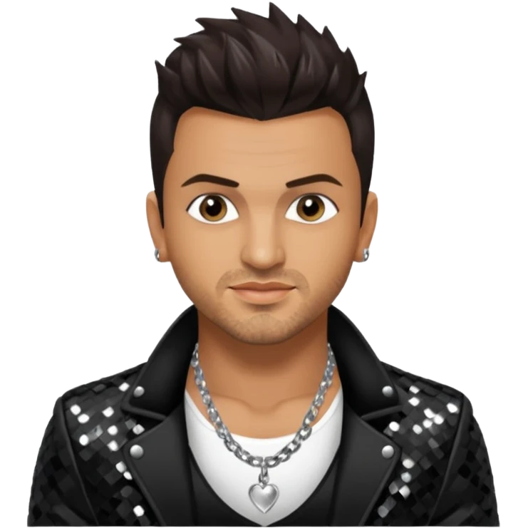 Peter Andre with dark brown hair, black sequin jacket, shirtless with necklace emoji