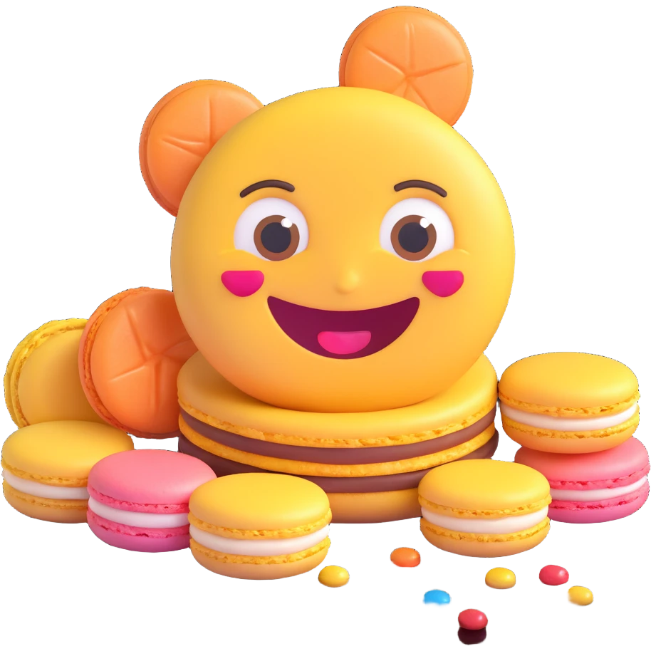 joyful emoji-style face made from a macaron, big sparkling eyes, wide smile, pastel colors, tiny candy decorations, expressing happiness and love for desserts emoji