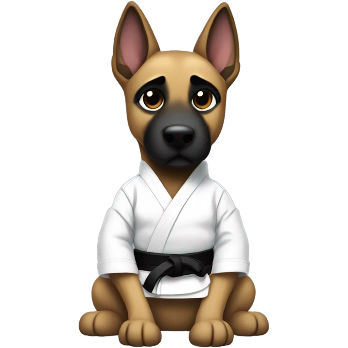 Malinois wearing white jiujitsu gi with a black belt emoji