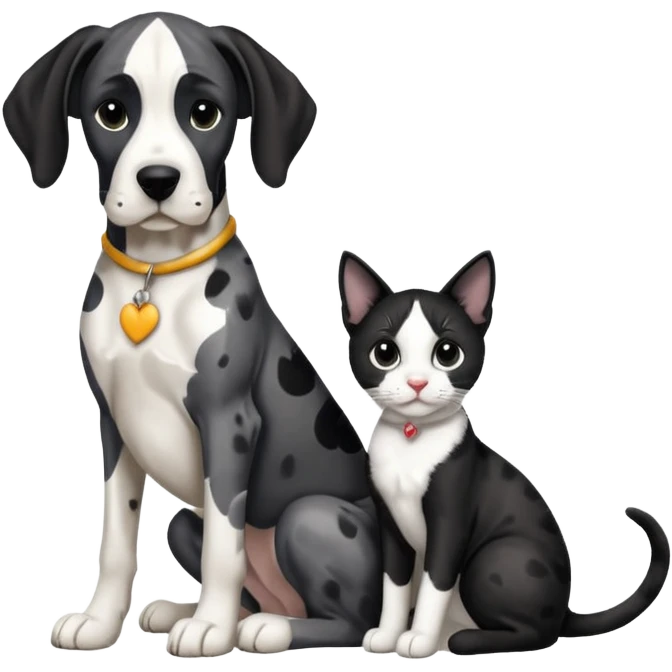 Harlequin great dane dog sitting with a black and white cat emoji