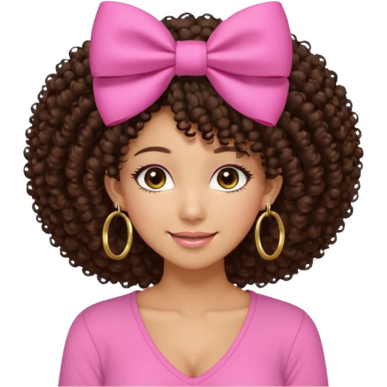 Naturally tan skin girl short darkBrown curly afropink shirt very long lashes hoop gold earrings Brown eyes gyaru smiling closed mouth cute bow hairclip small on the side. V neck pink shirt. Teenager emoji