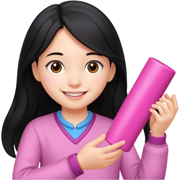 long black haired girl kid playing pink colored formula 1 toy emoji