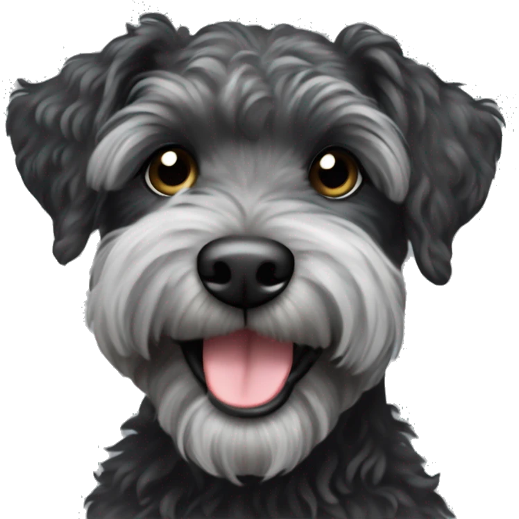 Black schnoodle with grey brindle and an underbite winking while smiling emoji