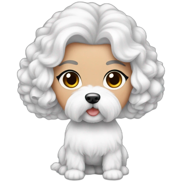 mujer piel blanca cabello negro con peinado de moño y perro bichon maltés blanco emoji