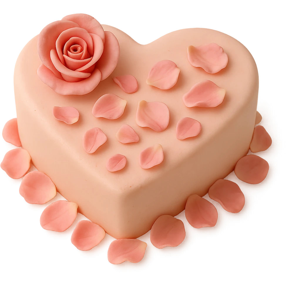 heart-shaped fondant cake with edible rose petals emoji