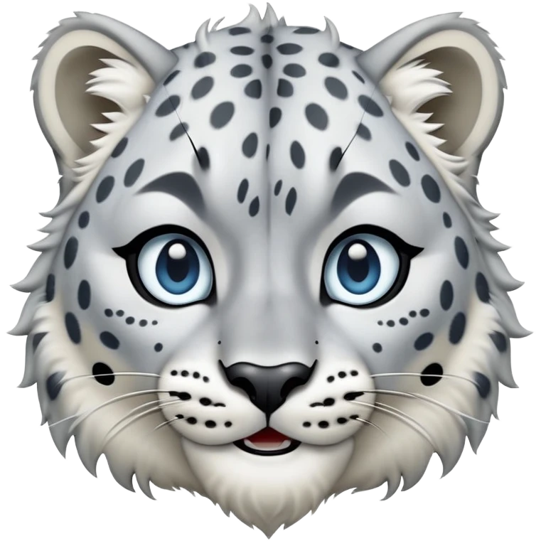 Cinematic-Comical-Snow-Leopard-Portrait-Emoji – Head tilted dramatically with an exaggeratedly amused expression, featuring a thick, spotted white-and-grey coat with a dense ruff around the neck, wide, piercing icy blue eyes filled with playful disbelief zoomed out showing the shoulders emoji