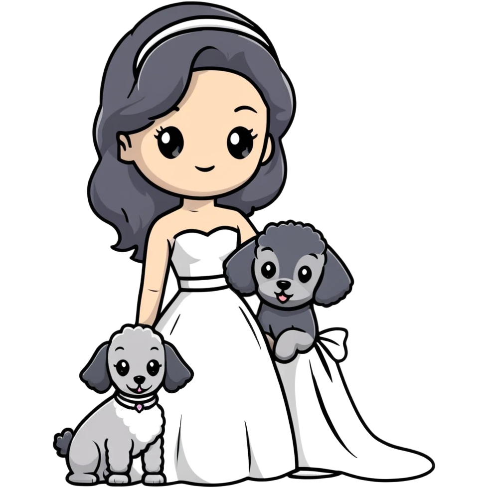 A beautiful girl with long black hair in a wedding dress holds a small gray poodle emoji