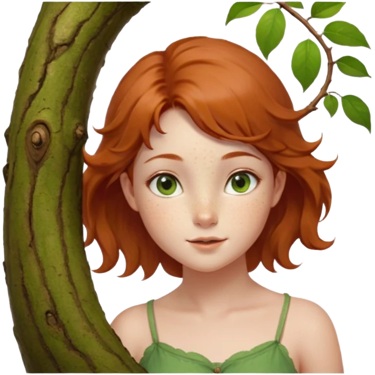 Un petit sapin vert sylvestre, féminin, regard malicieux, tâches de rousseurs délicates, joues roses. Yeux de biche brillants en forme amande, yeux couleur ambre, tronc couleur acajou. Sapin en mouvement, incurvé pour un effet vivant. Style meoji. emoji