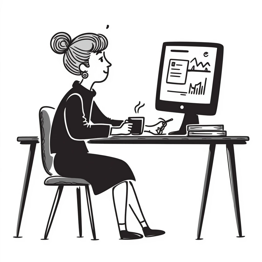 female teacher with grey hair at desk working in front of computer, hand-drawn doodle style emoji