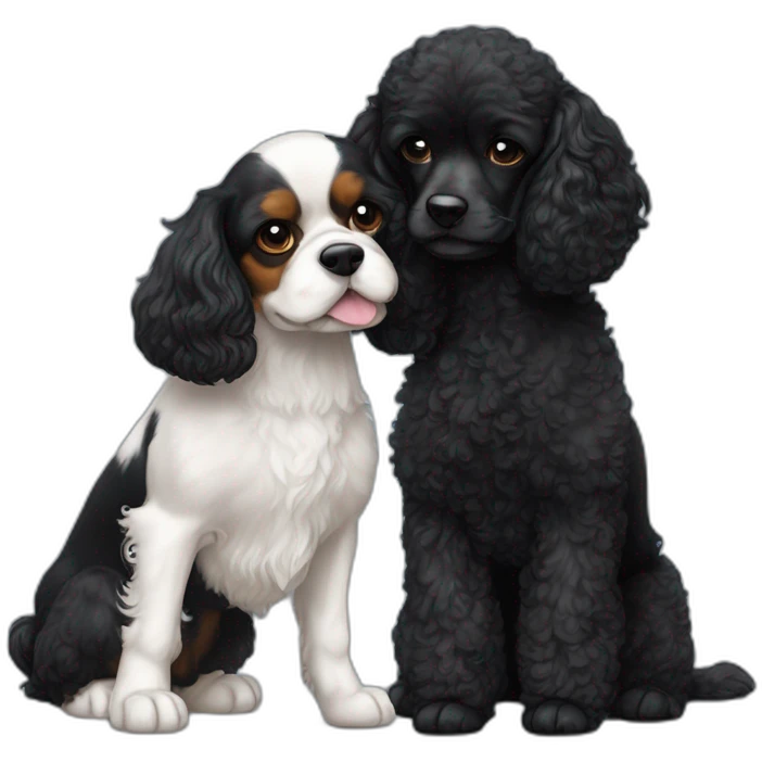 blenheim cavalier king charles spaniel and black mini poodle cuddle each other  emoji