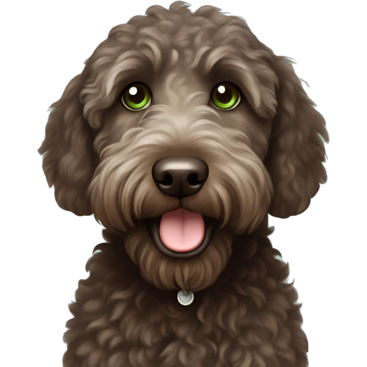 Very cute, Disney style, dark brown Labradoodle with green eyes and a little bit of white on her chest emoji