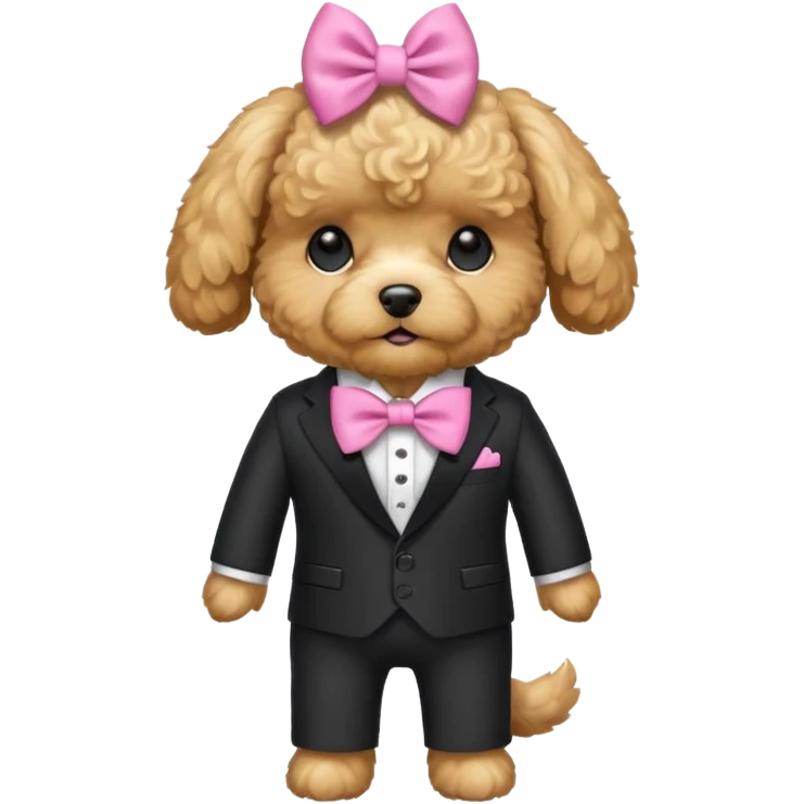Golden maltipoo dog with pink bow k bow that is very poise make it have a suit on emoji