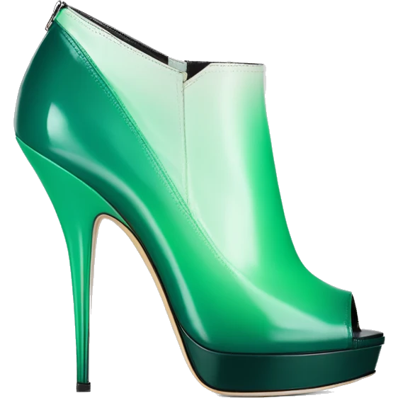 Realistic isolated top front view of a pair of emerald green to mint green ombre Jimmy Choo peep toe stiletto ankle booties. emoji