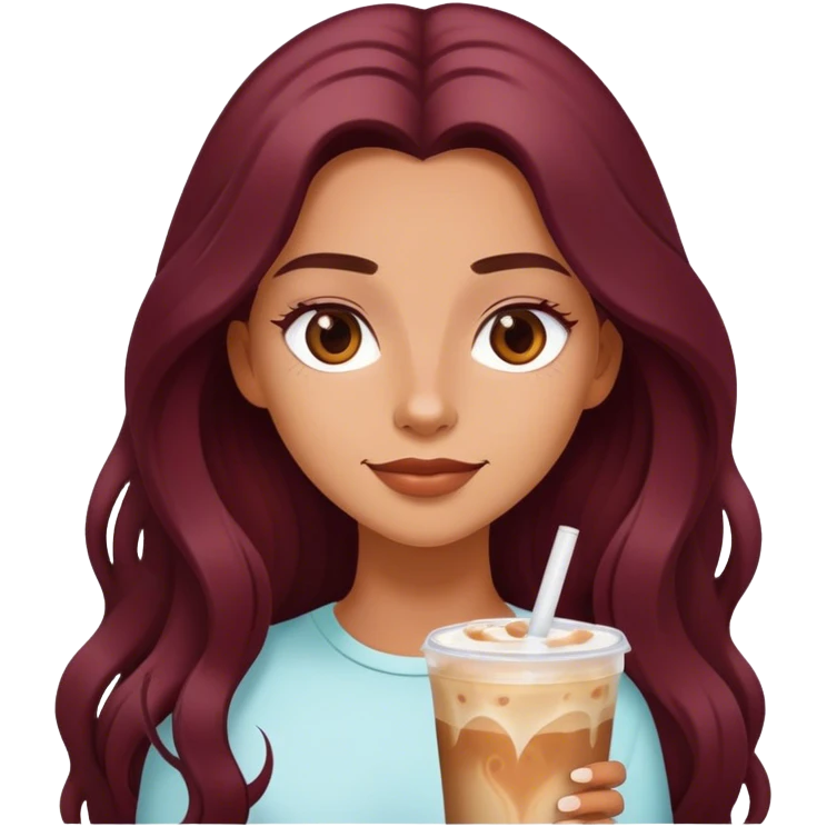 Burgundy long haired tanned girl with iced latte emoji