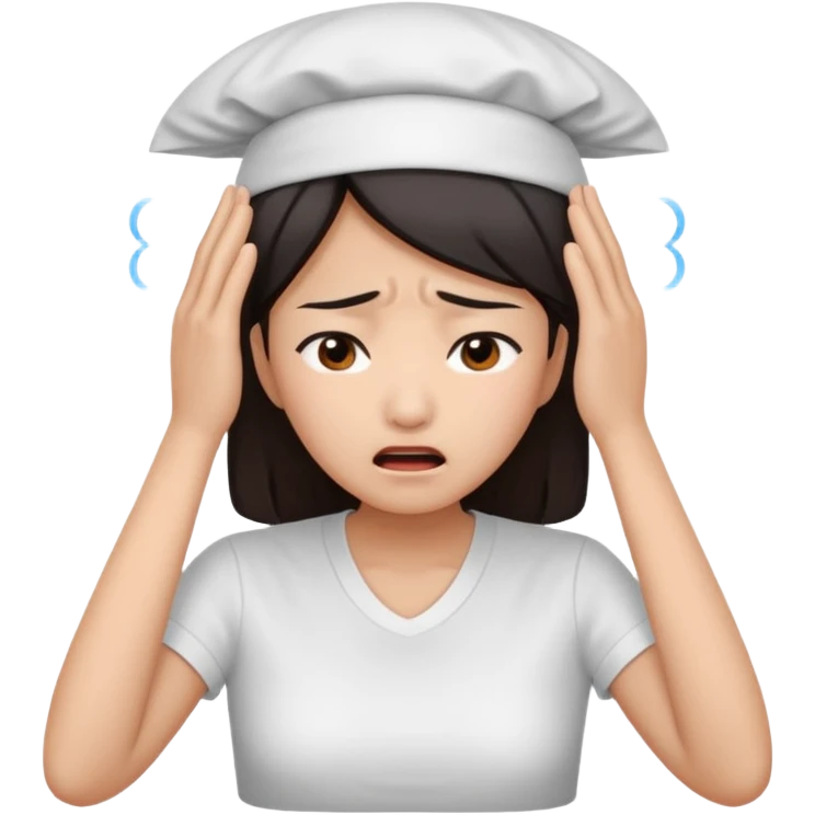 Asian woman agonizing over her head with her hands emoji