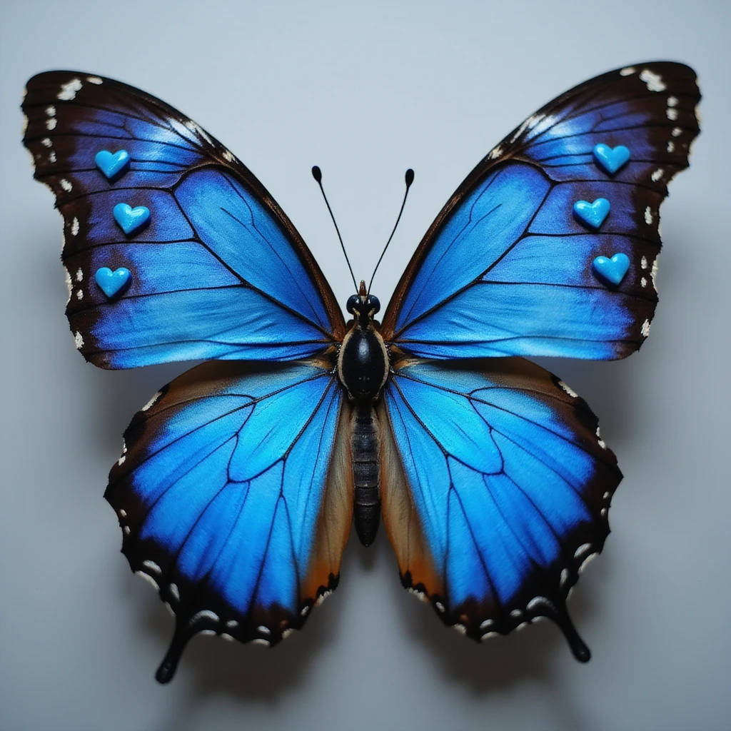 blue butterfly with blue hearts on its wings, realistic style emoji