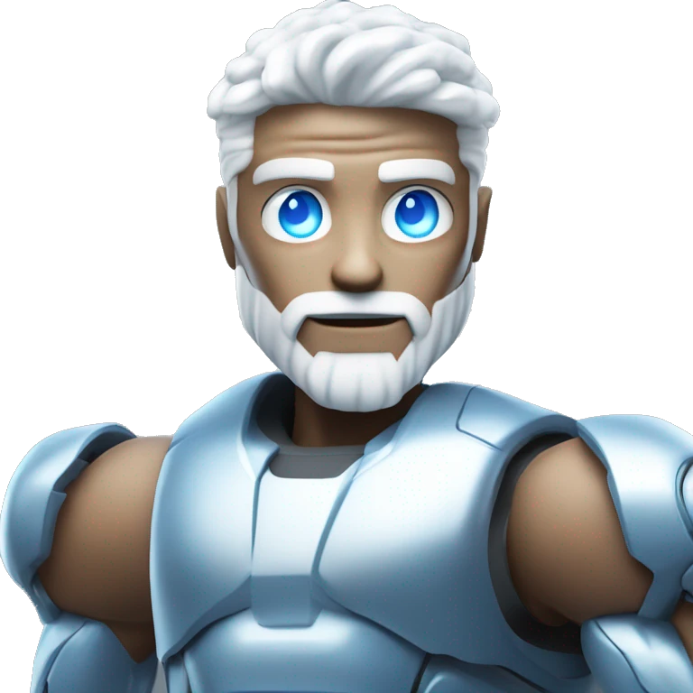 Bionic robot man with amazing white hair and beard and blue eyes flexing muscly arms  emoji
