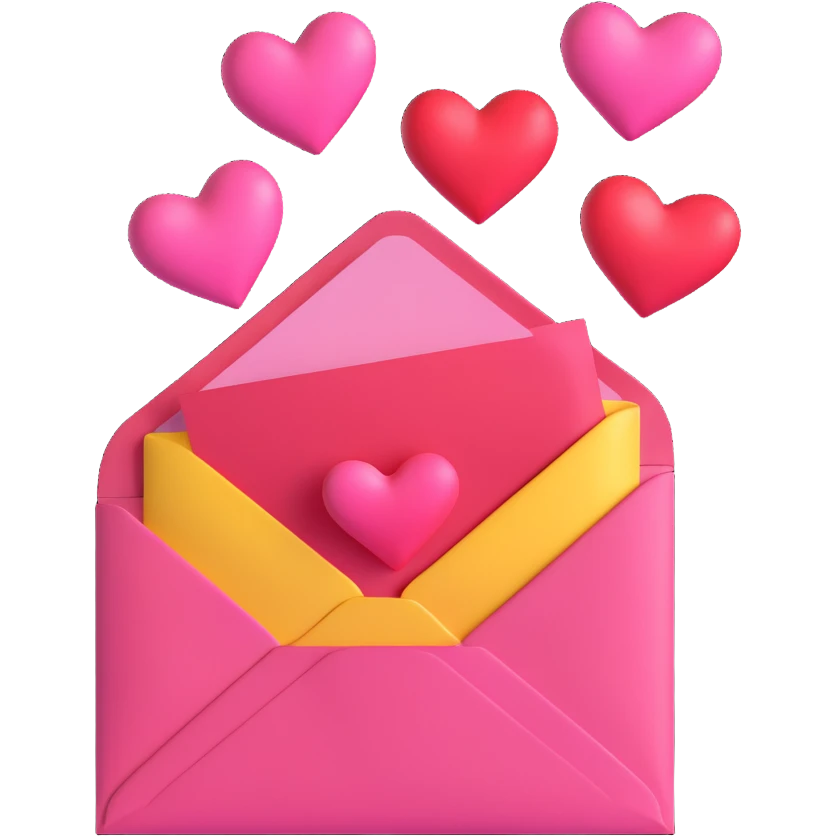 Recreate the exact image of a pink envelope with a yellow card inside, with three pink and red hearts coming out of the envelope. Match the same shapes, positions, and details as the reference image. Use soft 3D shading and glossy highlights, in the style of iOS 18 emojis. No text, white background. emoji
