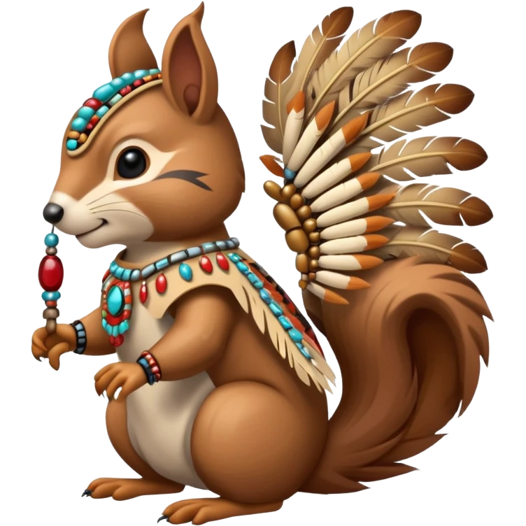 Full Robotic squirrel wearing native American regalia with feathers and beads emoji