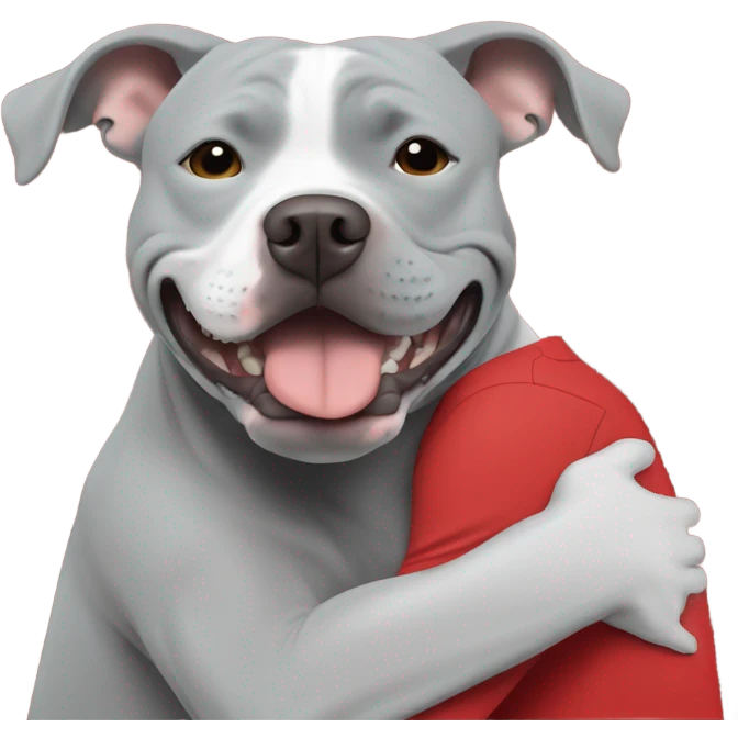 Grey male large pit bull smiling hugging bald white mature man with red tshirt emoji