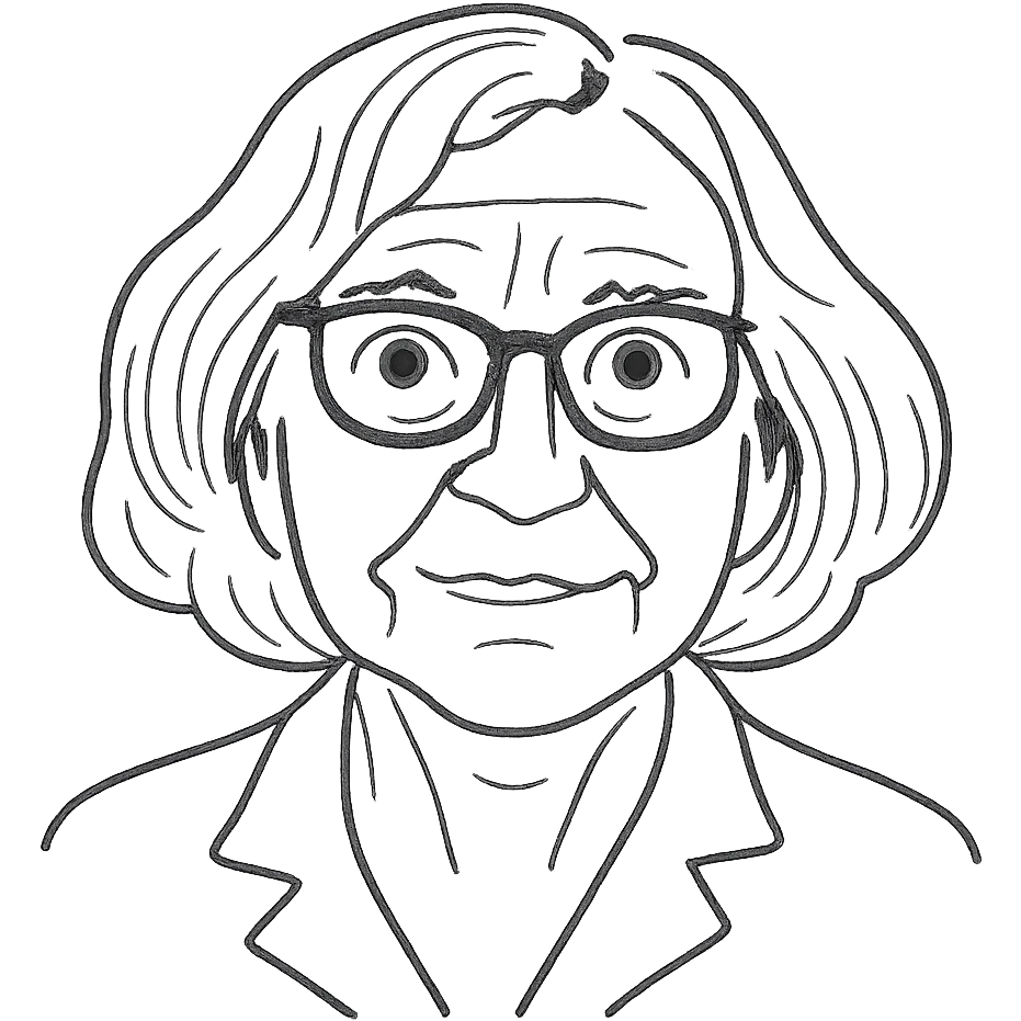 a hand drawn black outline portrait of philosopher Catherine Larrère with similar-sized eyes based a famous portrait of her emoji