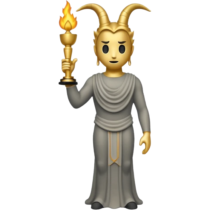 Minimalist emoji-style sticker of a full-body Oscar-like statue in matte gray-gold, with small horns  and faint flames at the base, all in black and muted hues emoji