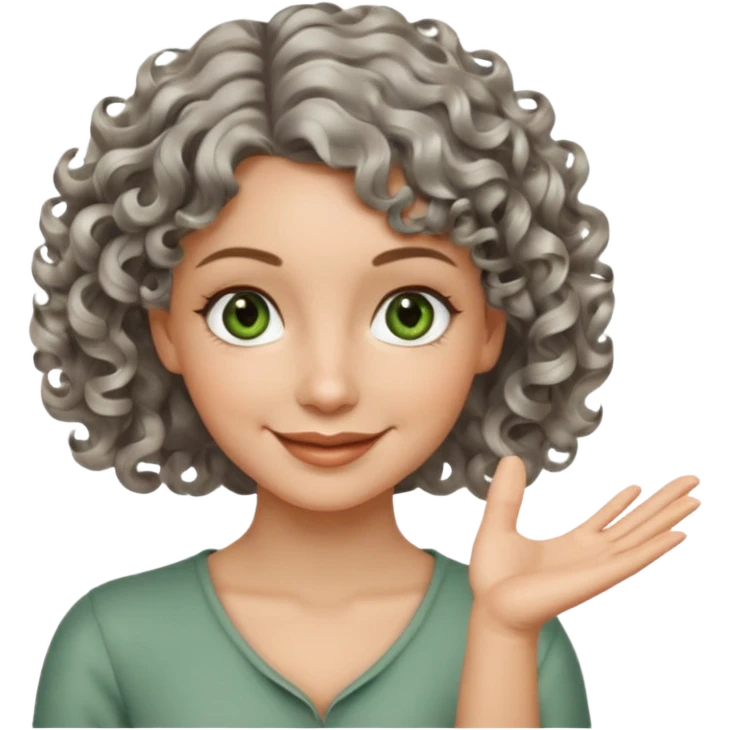 silver, short, wavy-haired with curls, smiling pretty lady, hopeful with fingers crossed on one hand, green/brown eyes emoji