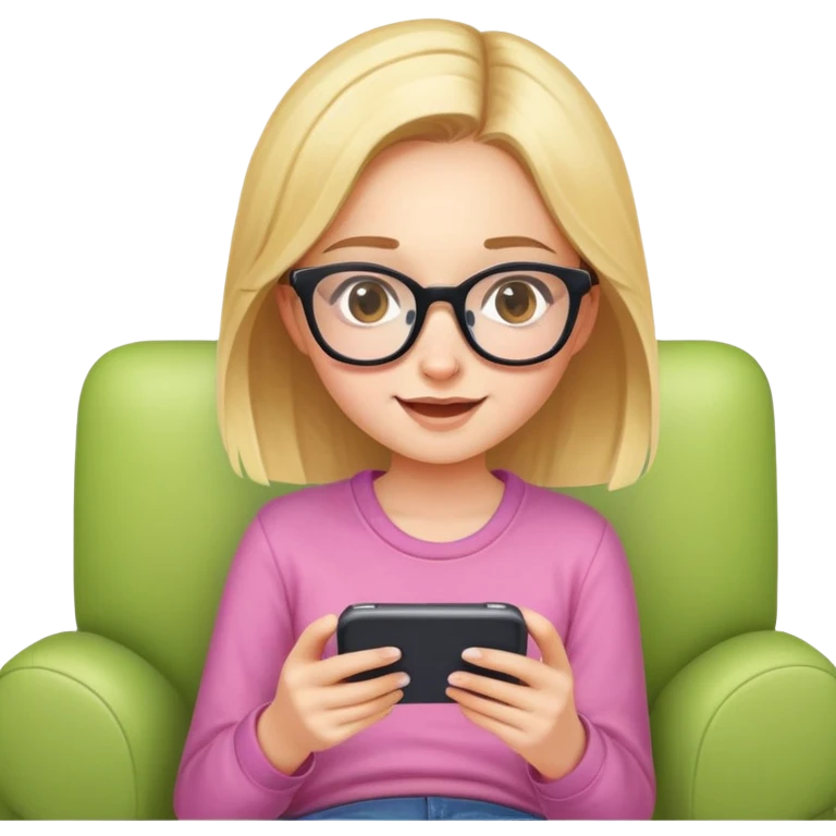 A cute young girl with glasses sitting on a couch, happily playing a mobile phone game emoji