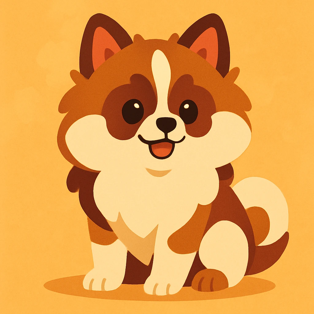 pati color pomeranian puppy sitting, soft cartoon style emoji