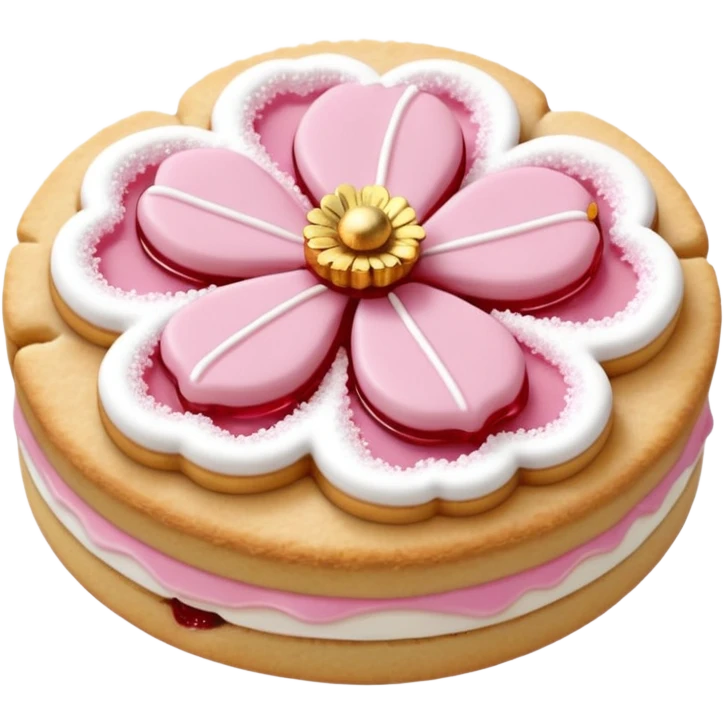 Realistic shortbread cookie in the shape of a cherry blossom with pale pink color jelly middle filling and sprinkled powder sugar on top. emoji